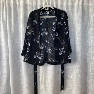 H&M Floral Botanical Open Front Tie Wrap Kimono Top Blazer Black Purple Green